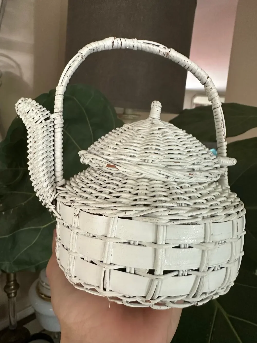 Vintage White Wicker Teapot Shape Basket Cottage Decor 6.5